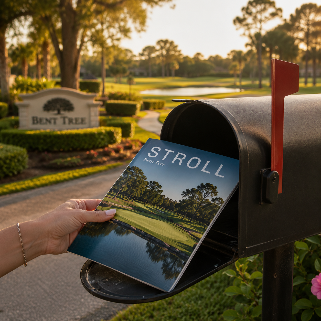 Stroll Bent Tree magazine being delivered to a neighborhood mailbox.